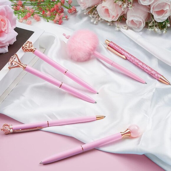 8Pcs Ballpoint Pens Set Metal Crystal Diamond Glitter for Journaling Pink Pen Bl - Picture 4 of 9